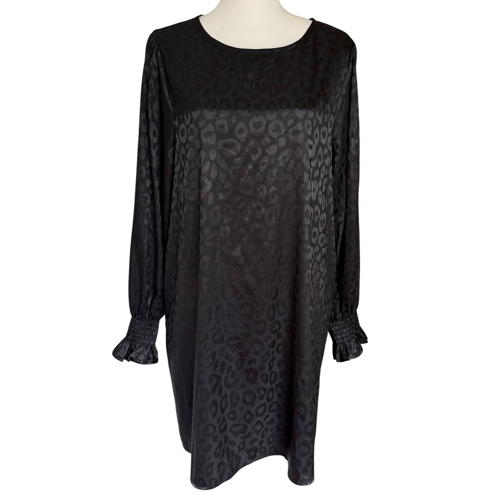 Jodifl Womens Black Satin Leopard Jacquard Shift Dress Smocked Ruffle Cuff Large